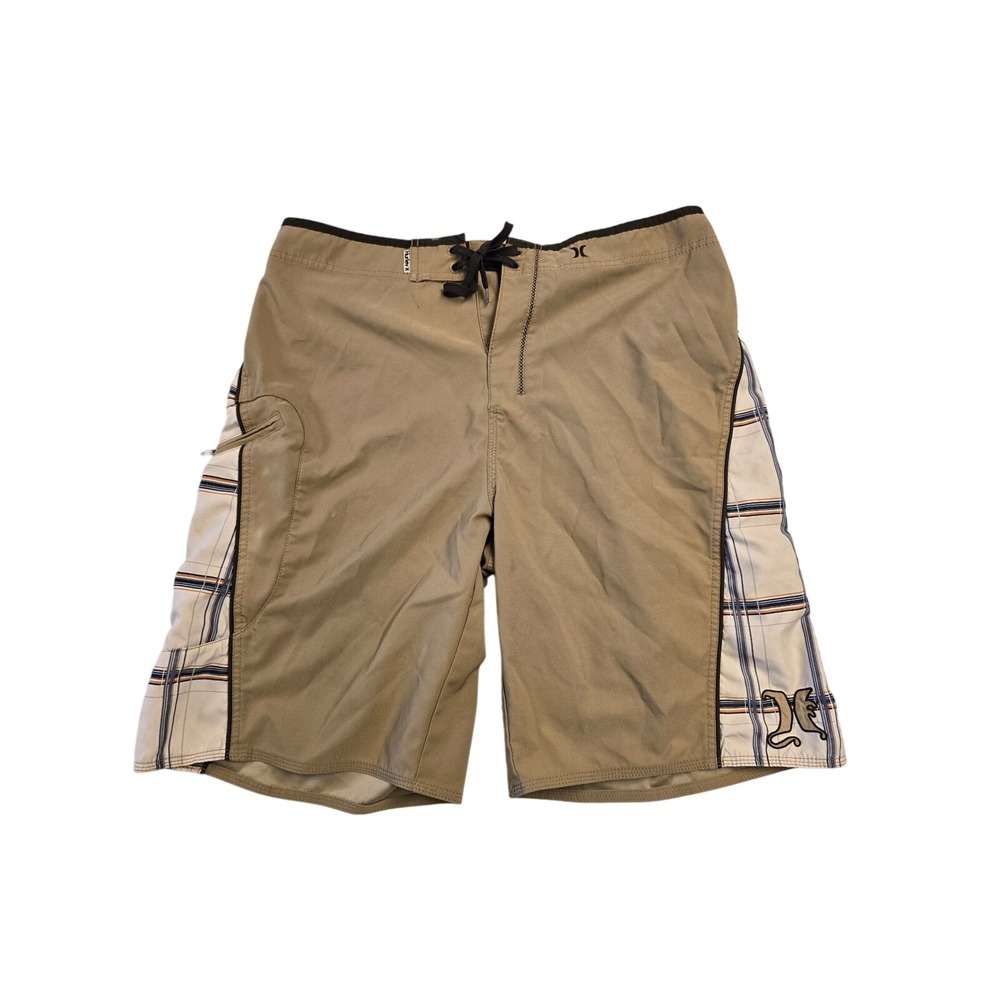 Hurley Mens Board Shorts Tan Plaid Side Panel Embroidered Logo Size 36